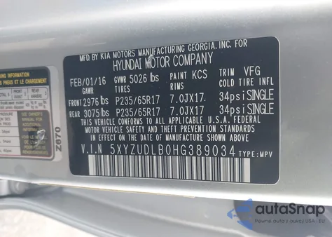 2017 Hyundai Santa Fe Sport 2.4L z USA, uszkodzony, nr VIN 5XYZUDLB0HG389034